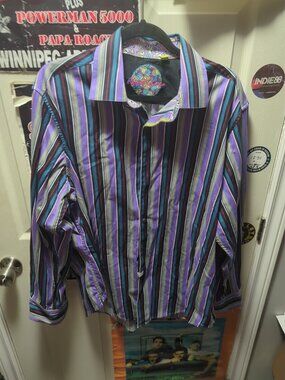 Robert Graham Mens Button Up Long Sleeve Flip Cuff Purple Stripe Shirt 2XL